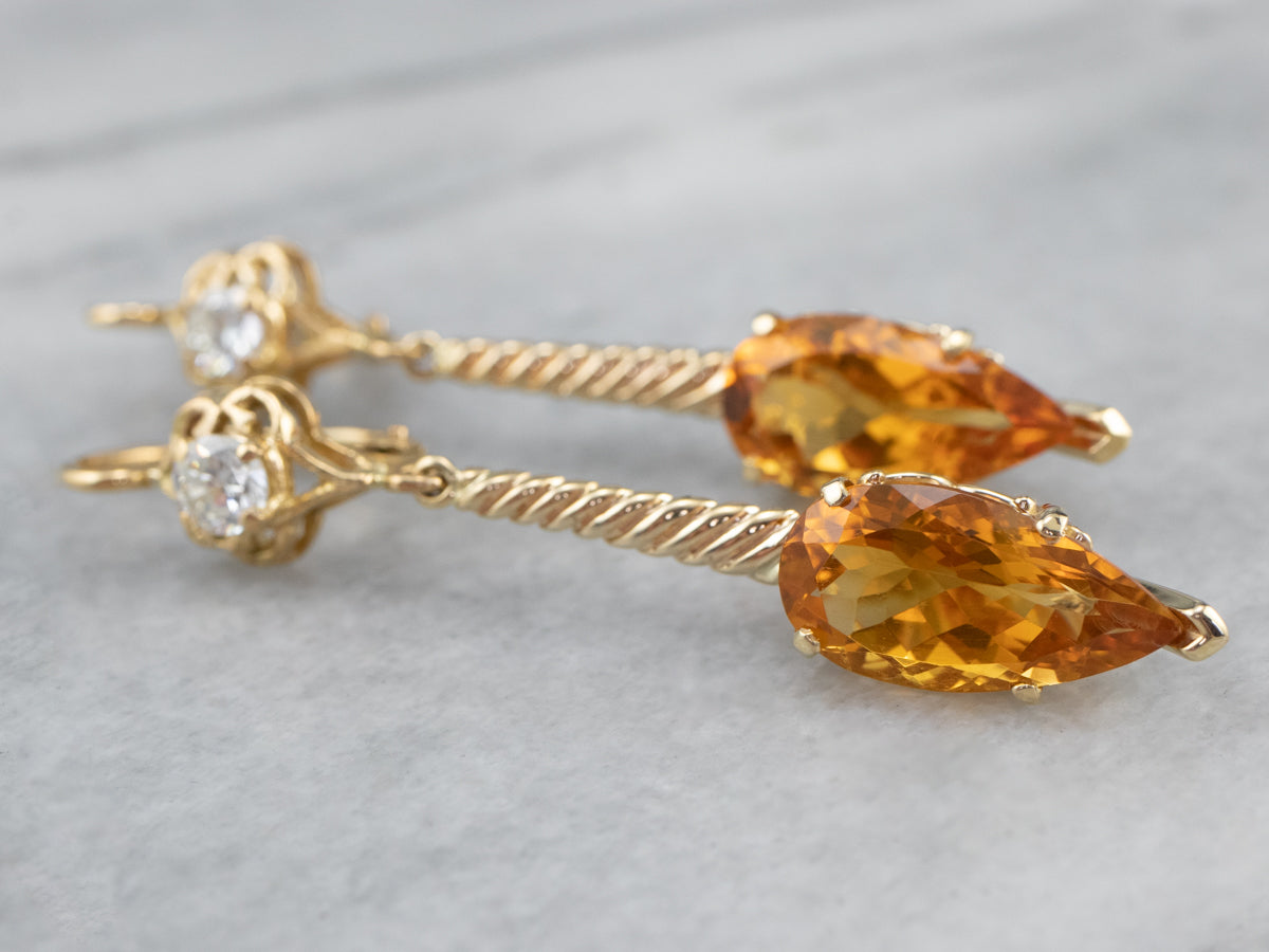 Gold Citrine and Diamond Drop Earrings