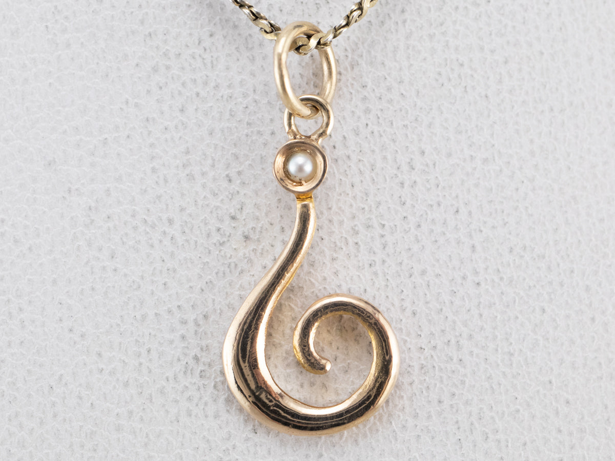 Gold Scrolling Seed Pearl Pendant