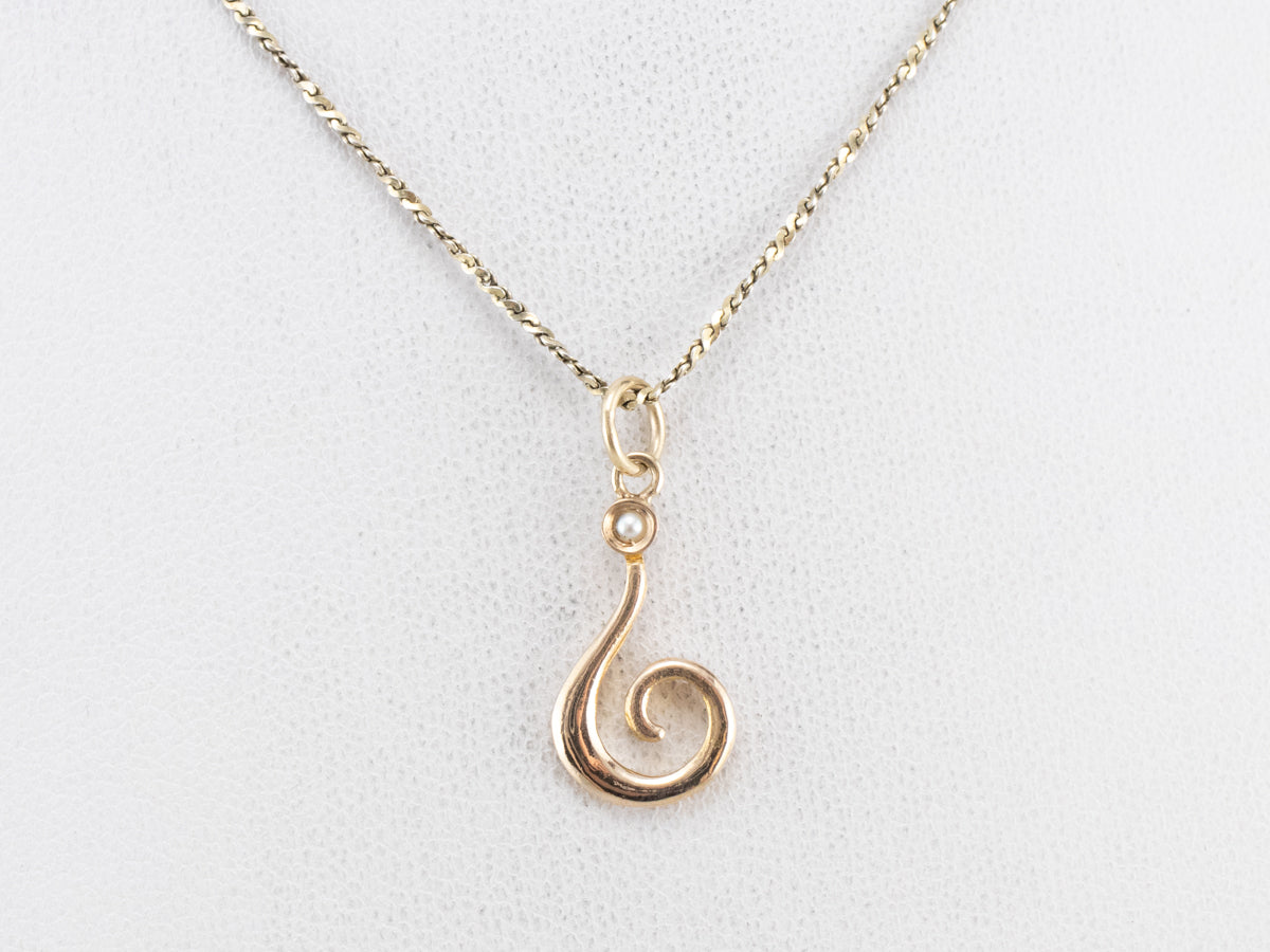 Gold Scrolling Seed Pearl Pendant