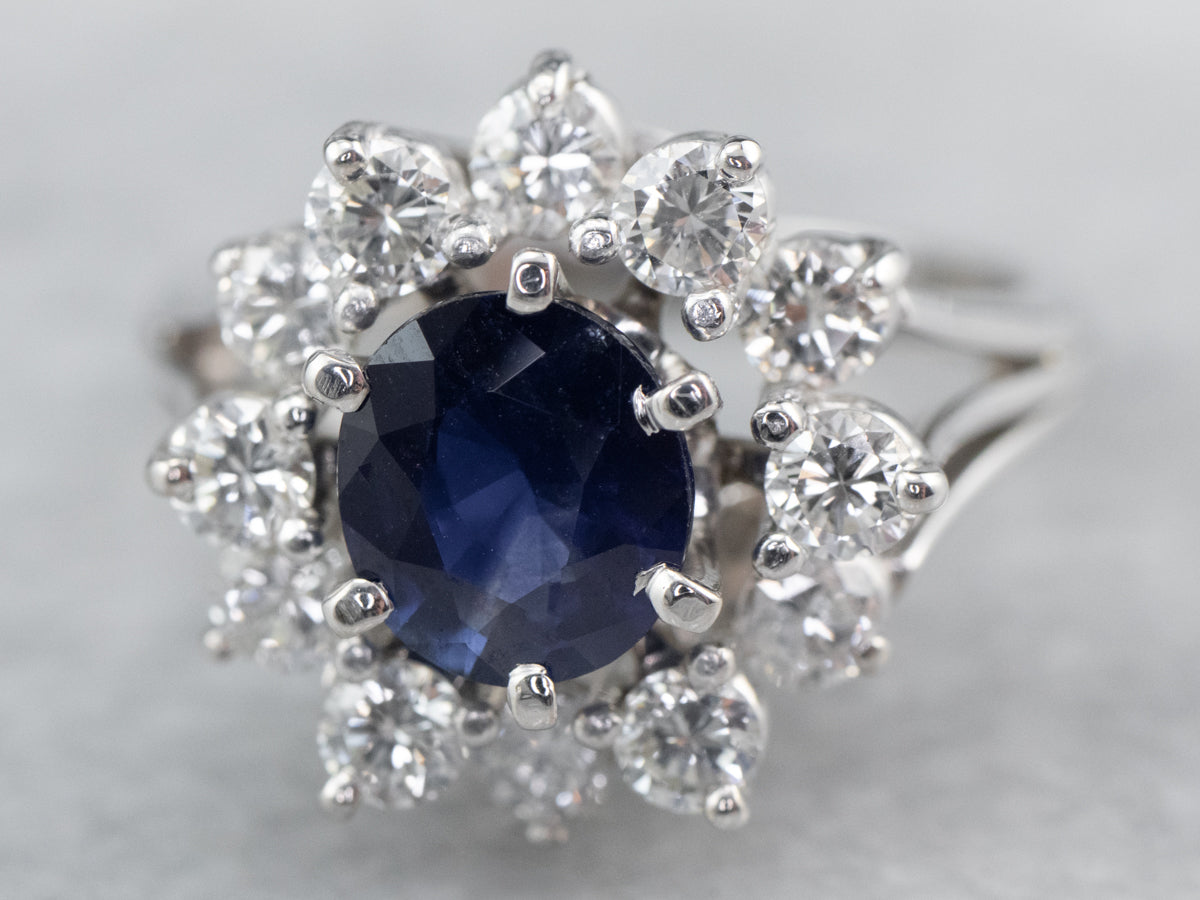 Sapphire Diamond Halo White Gold Engagement Ring