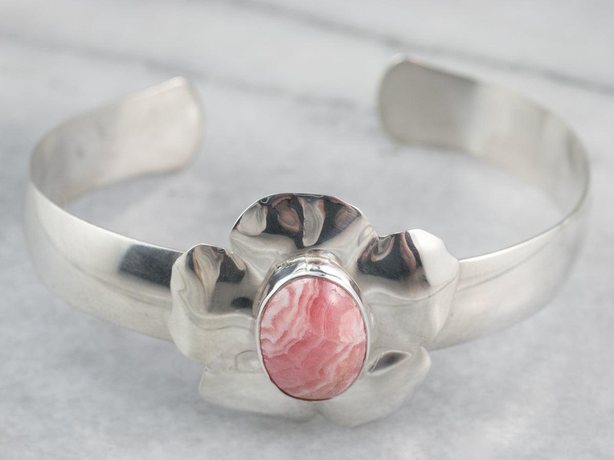 Rhodochrosite Floral Sterling Silver Cuff Bracelet