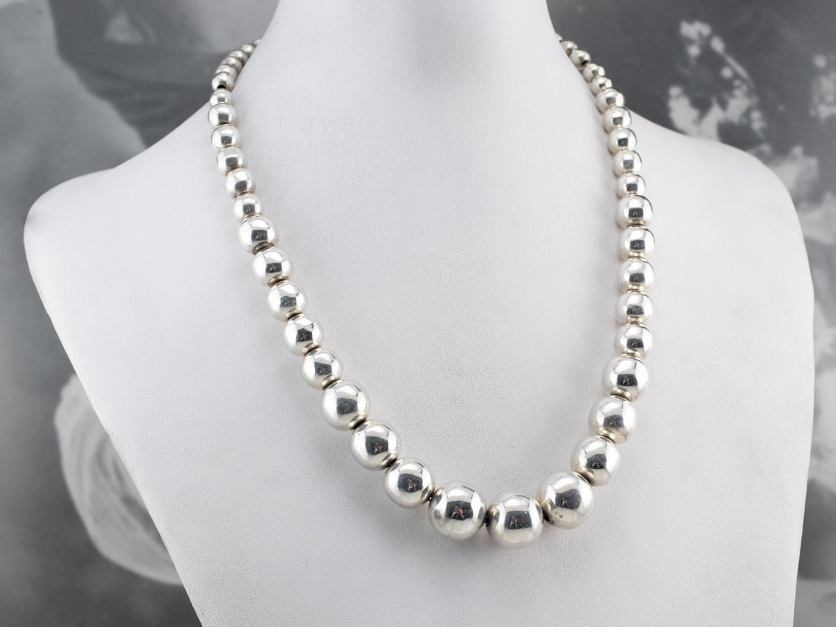 Silver Graduated Beaded Ball Chain Necklace