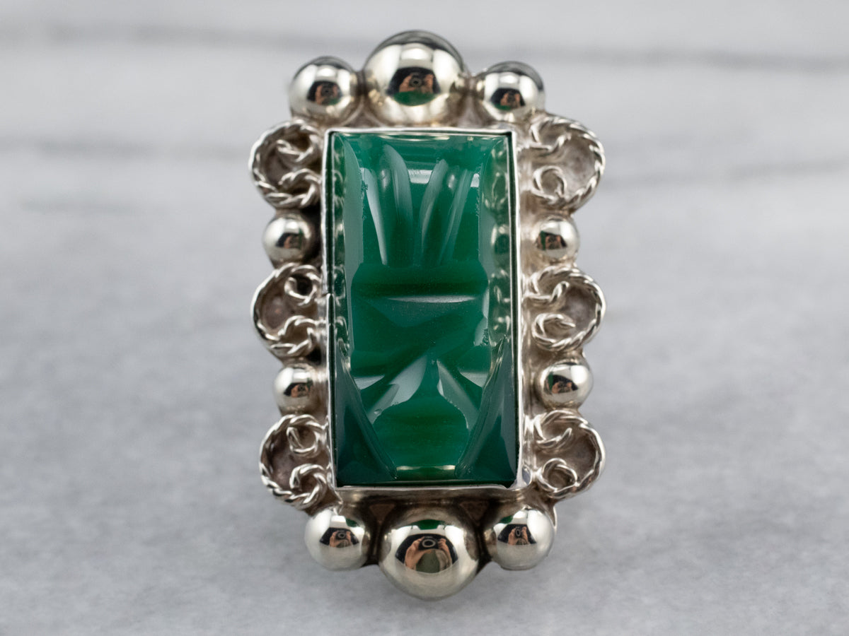 Carved Green Onyx Sterling Silver Ring