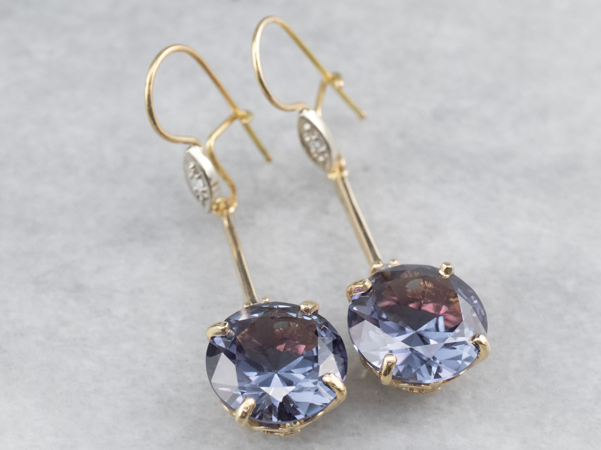 Synthetic Alexandrite Diamond Gold Drop Earrings