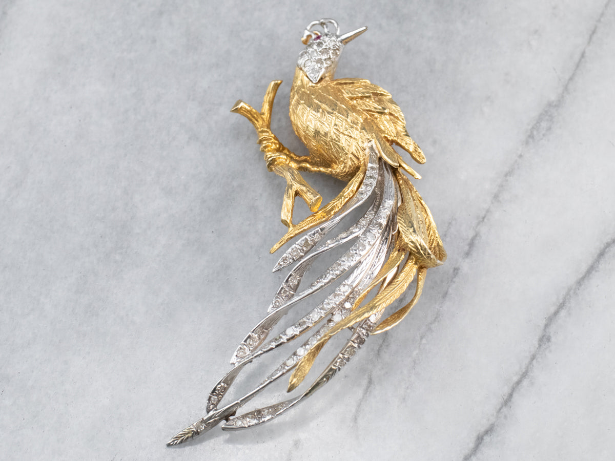 Diamond Bird Gold Platinum Statement Brooch