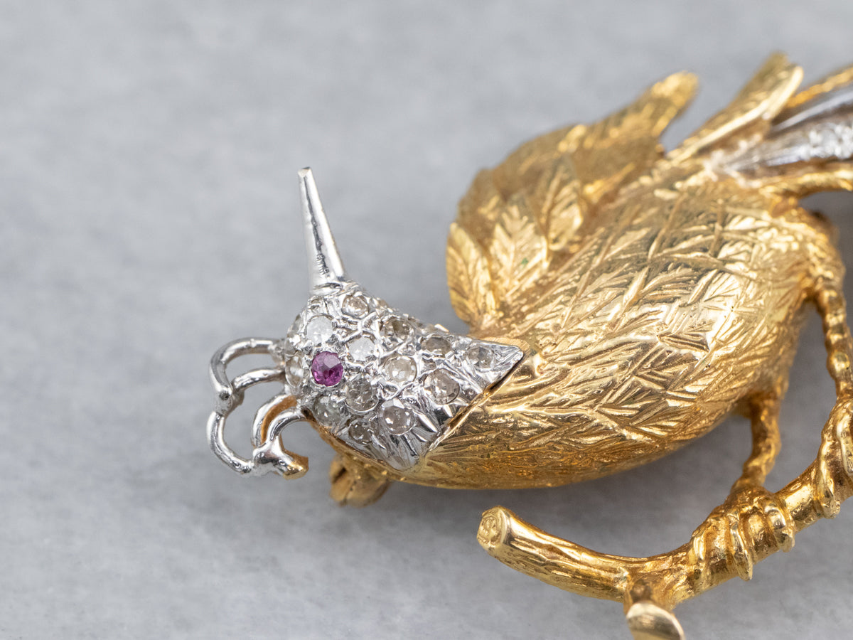 Diamond Bird Gold Platinum Statement Brooch