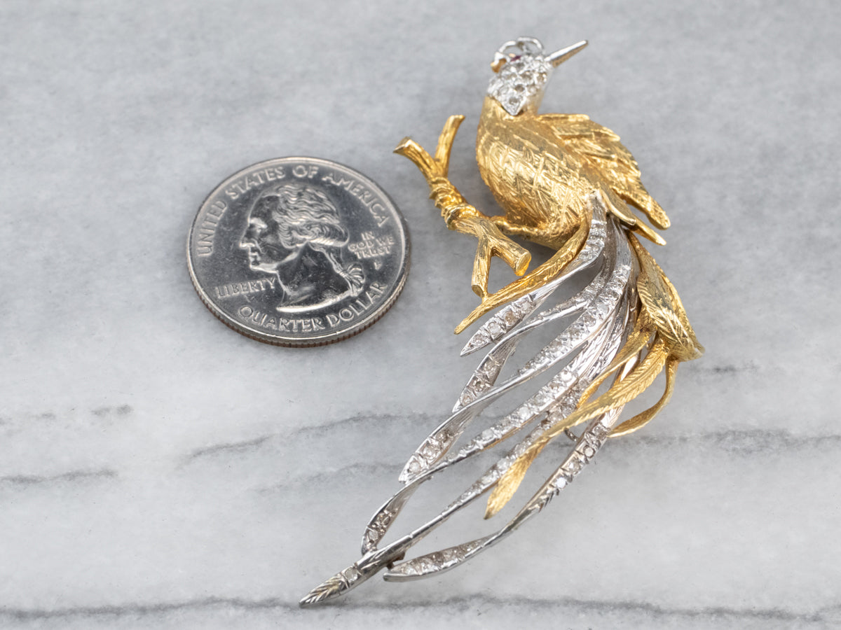 Diamond Bird Gold Platinum Statement Brooch