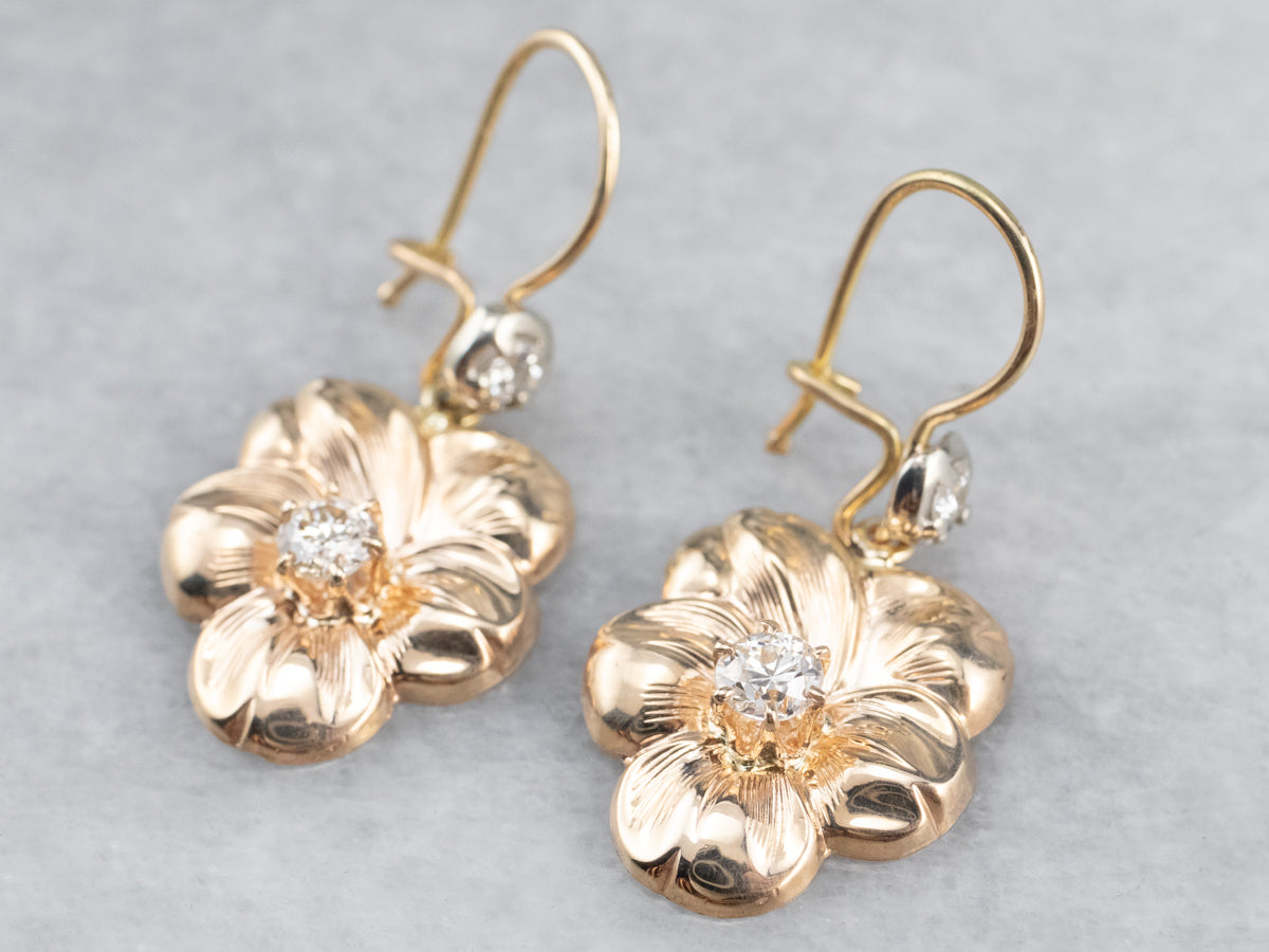 Diamond Floral Gold Drop Earrings