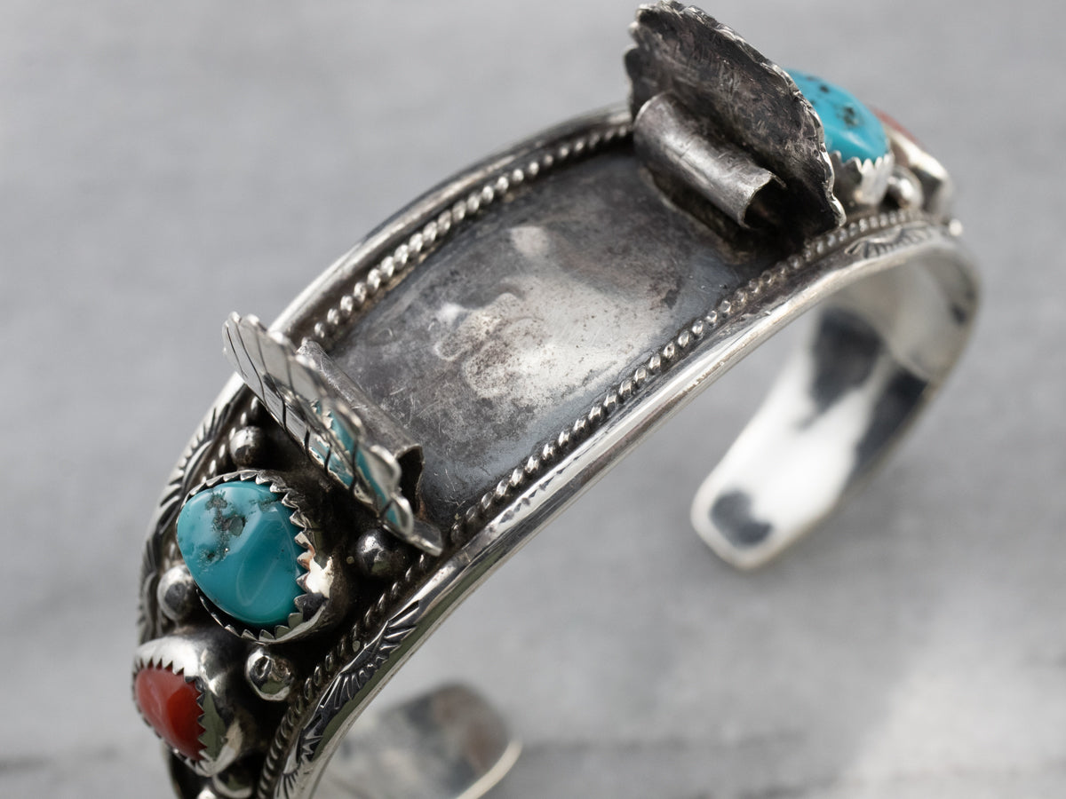 Market Square Jewelers Navajo Turquoise Coral Sterling Silver Watch Band Cuff