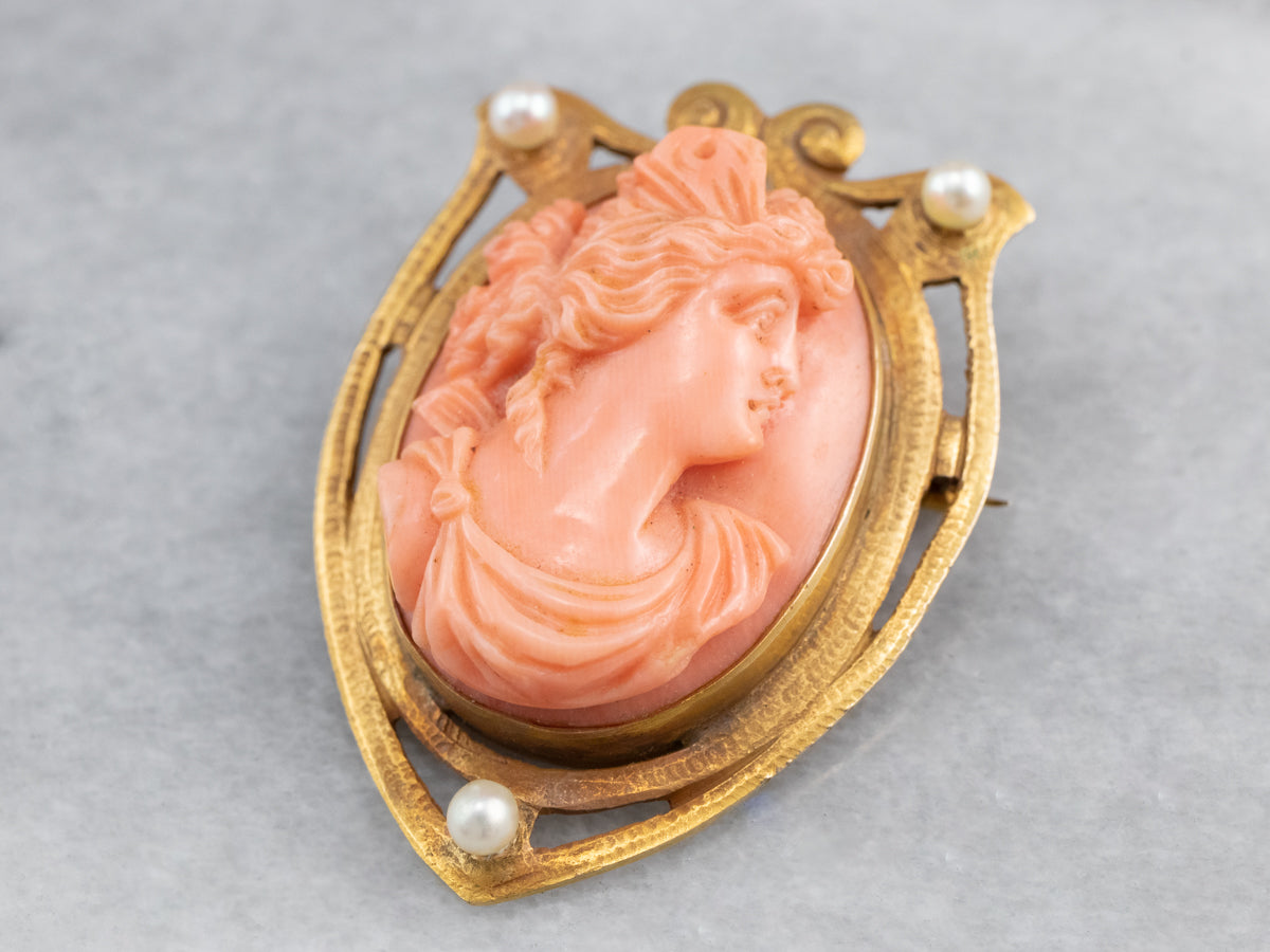 Art Nouveau Coral Cameo Gold Brooch Pendant