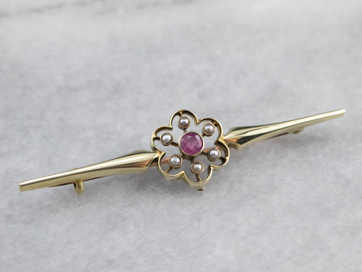 Antique Pink Sapphire Seed Pearl Brooch