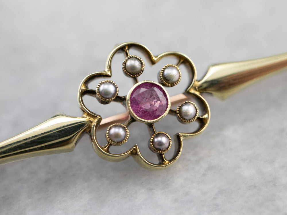 Antique Pink Sapphire Seed Pearl Brooch - Market Square Jewelers