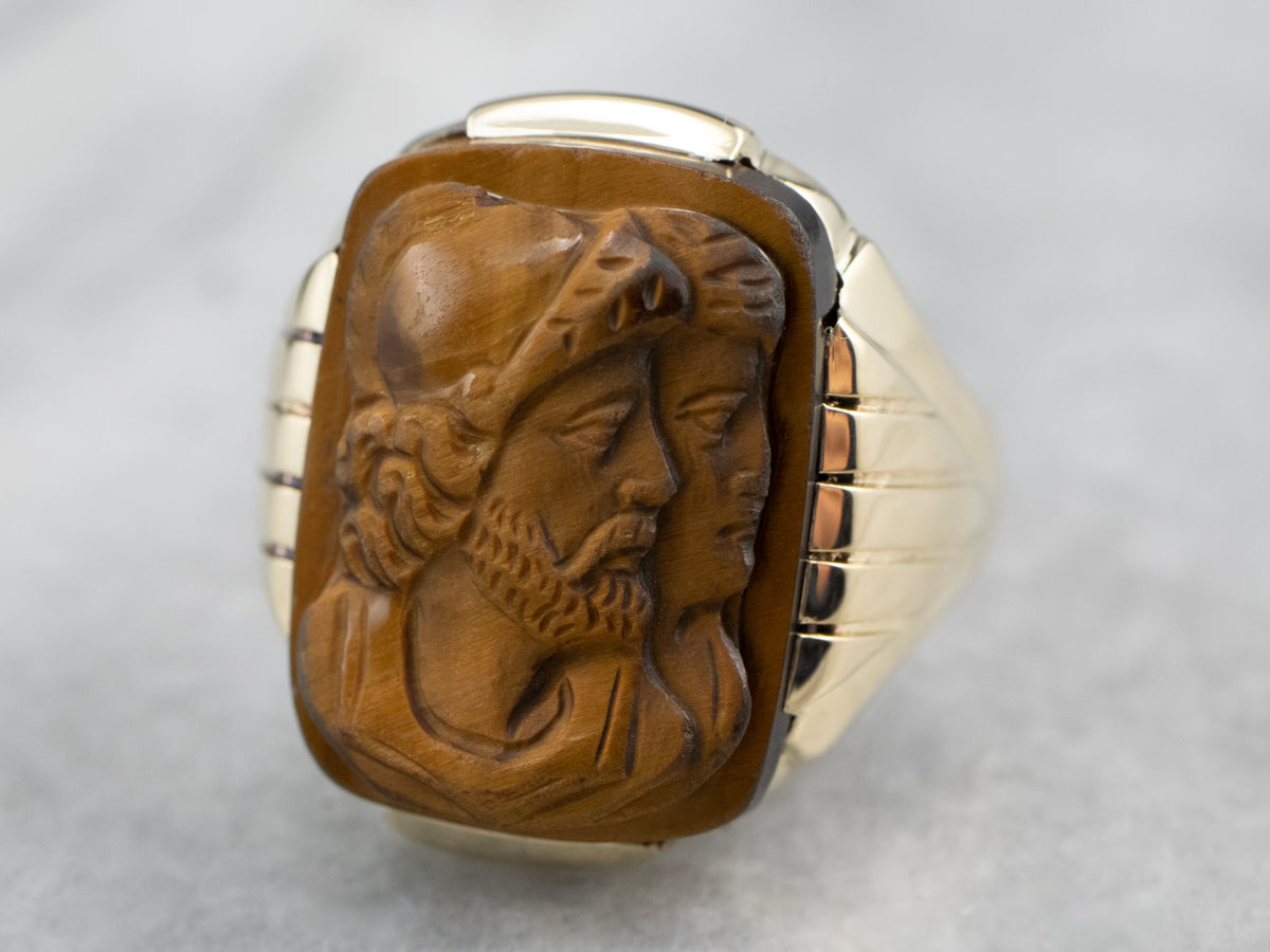 Men&#39;s 1930&#39;s Tiger&#39;s Eye Cameo Gold Ring