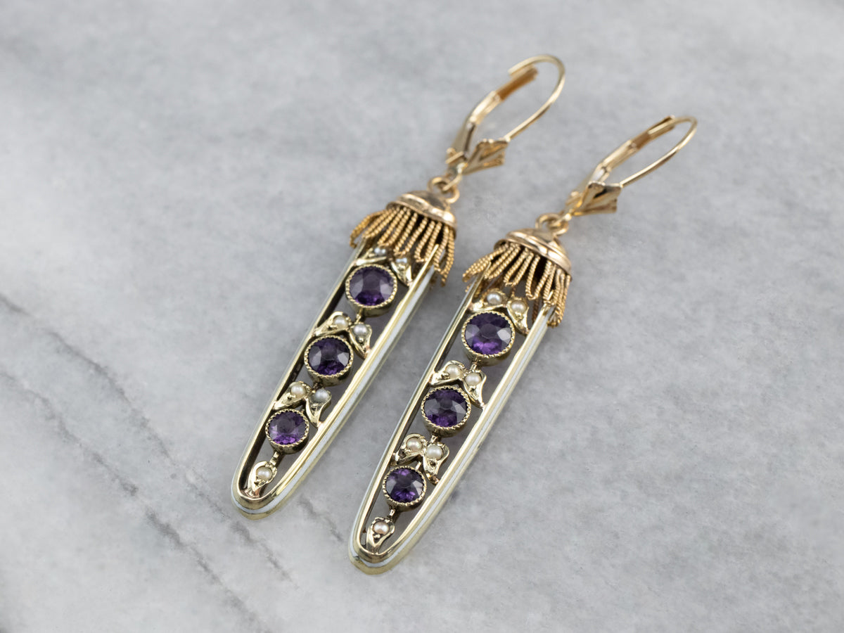 Amethyst Seed Pearl Gold Filigree Drop Earrings