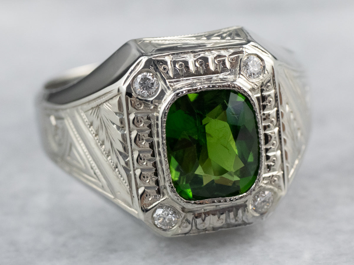 Green Tourmaline Diamond White Gold Statement Ring