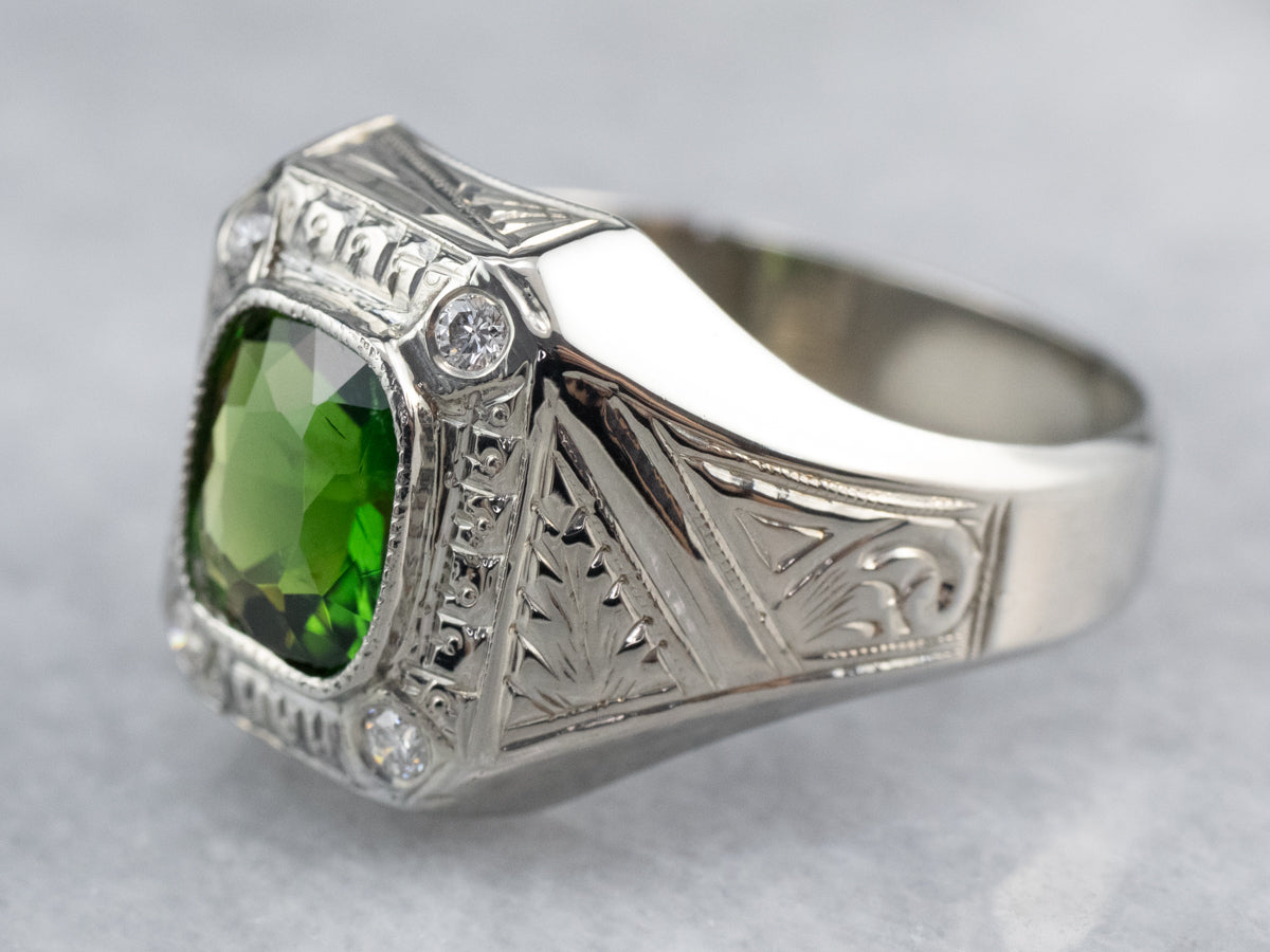 Green Tourmaline Diamond White Gold Statement Ring