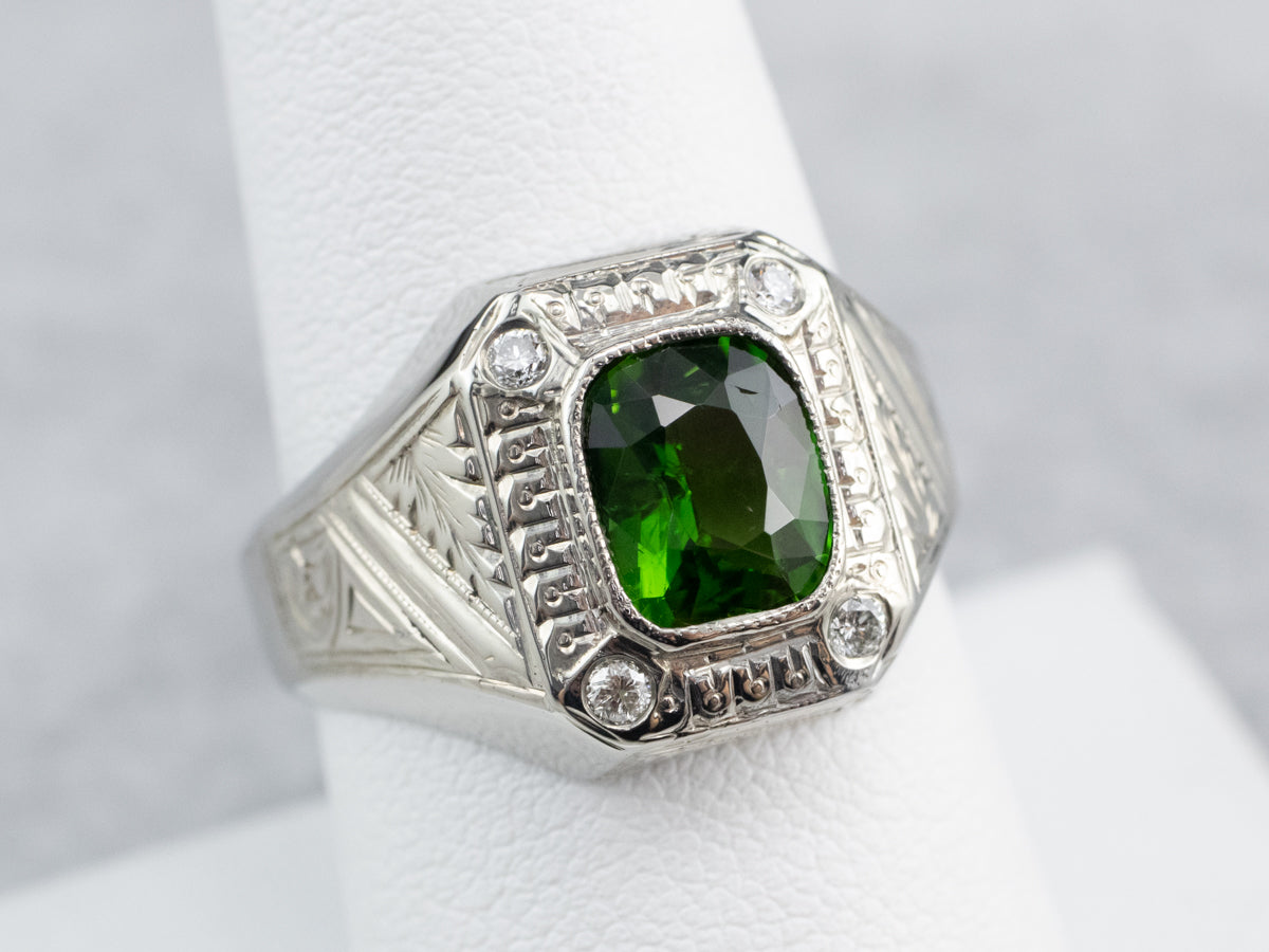 Green Tourmaline Diamond White Gold Statement Ring