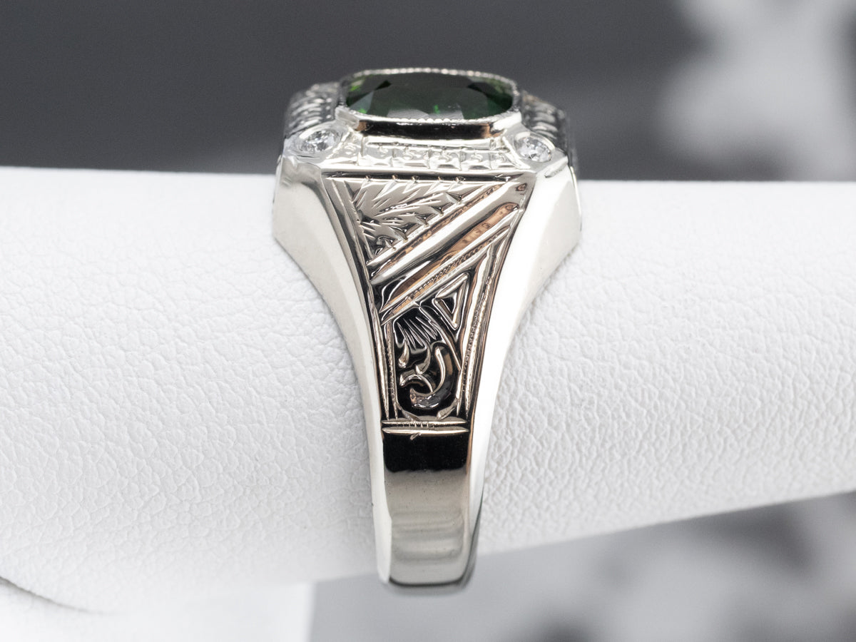 Green Tourmaline Diamond White Gold Statement Ring