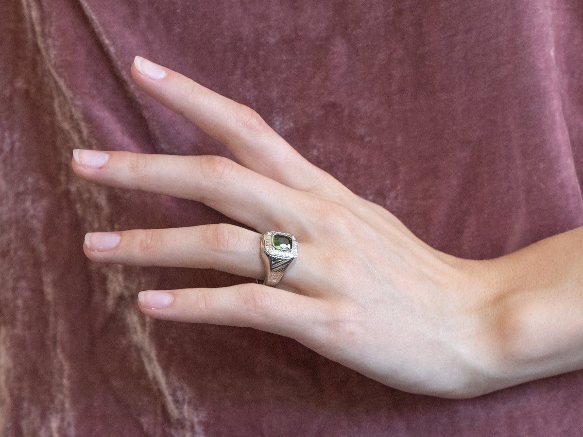 Green Tourmaline Diamond White Gold Statement Ring