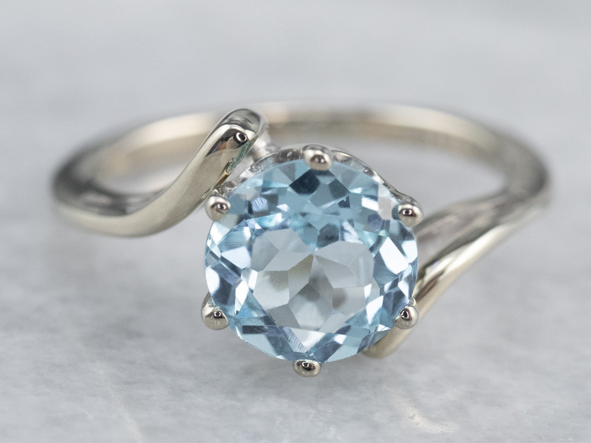 Blue Topaz White Gold Bypass Style Solitaire Ring