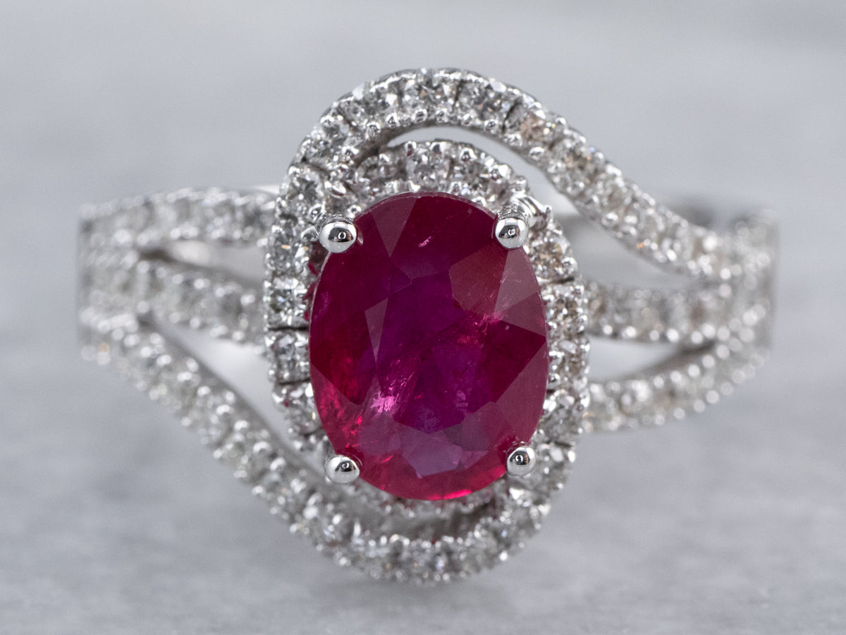 Modern Ruby Diamond Halo White Gold Engagement Ring