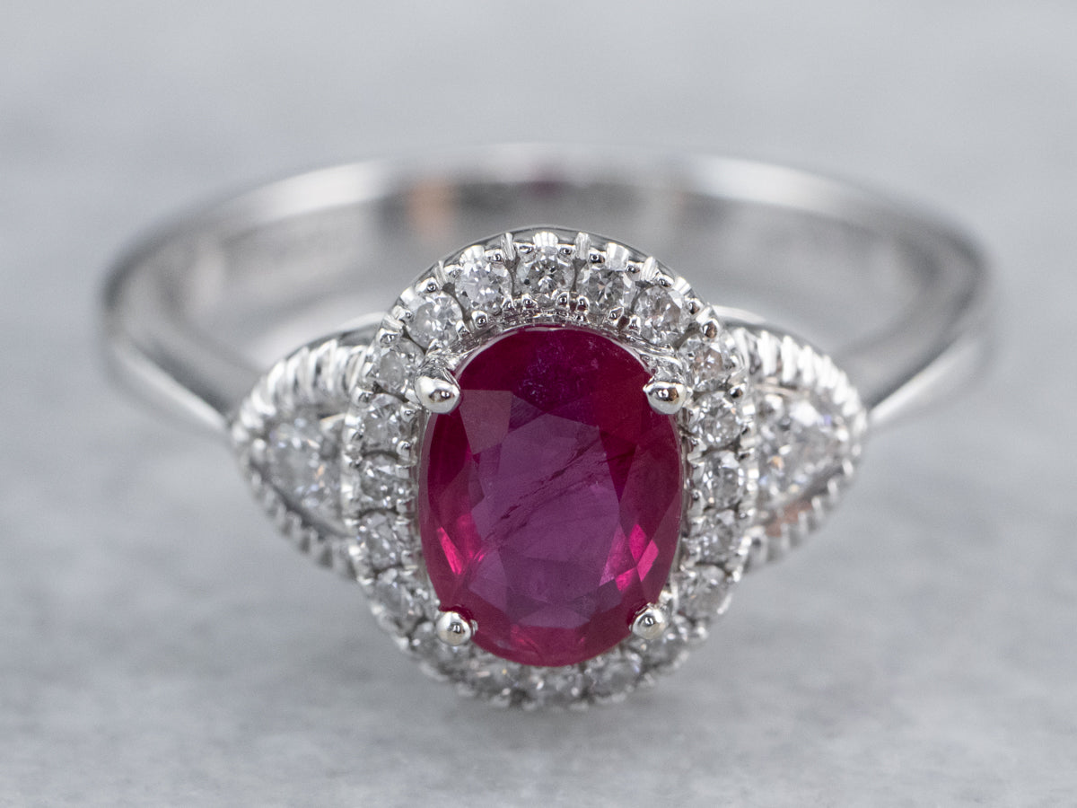 Modern Ruby Diamond White Gold Halo Engagement Ring