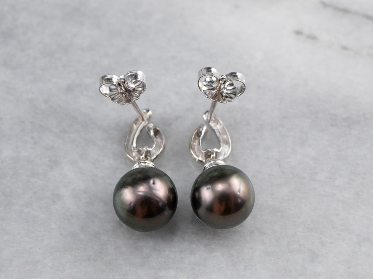 White Gold Black Pearl and Diamond Drop Earrings
