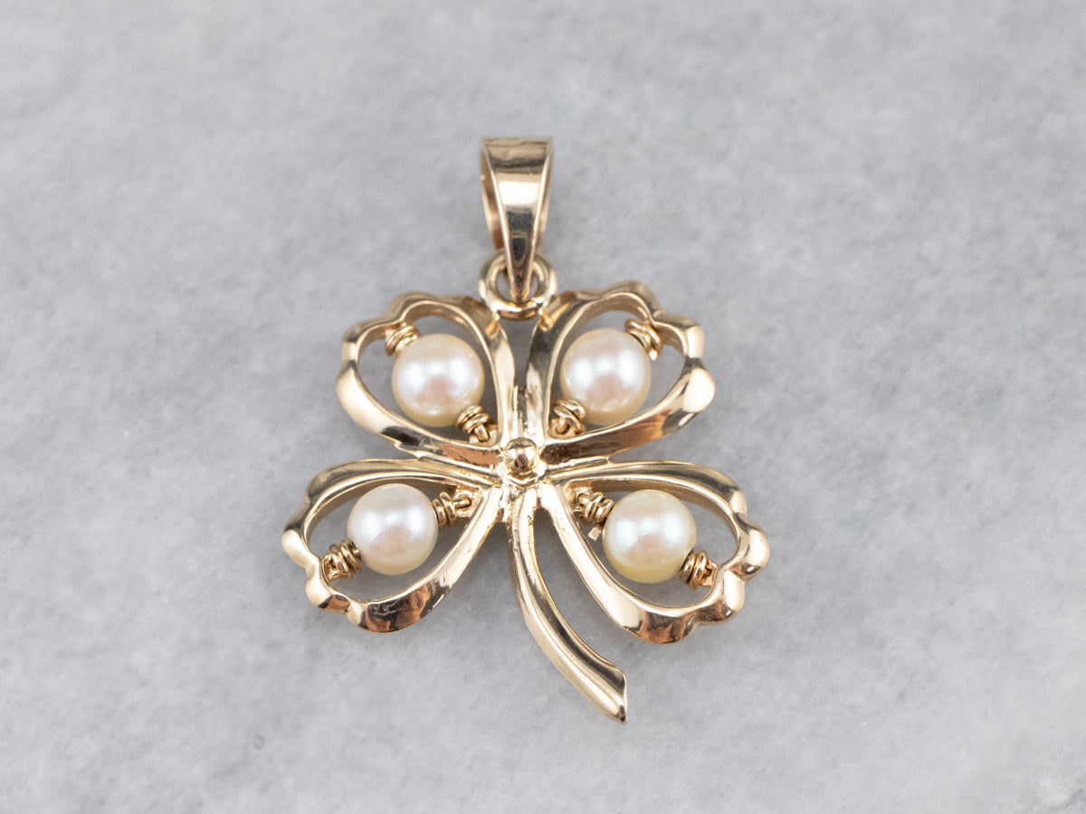 Pearl Four Leaf Clover Gold Charm