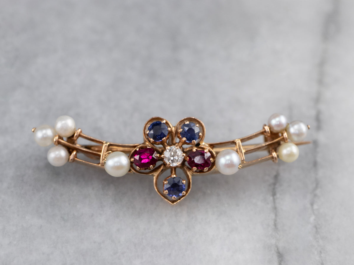 Old Mine Cut Diamond Ruby Sapphire and Pearl Brooch