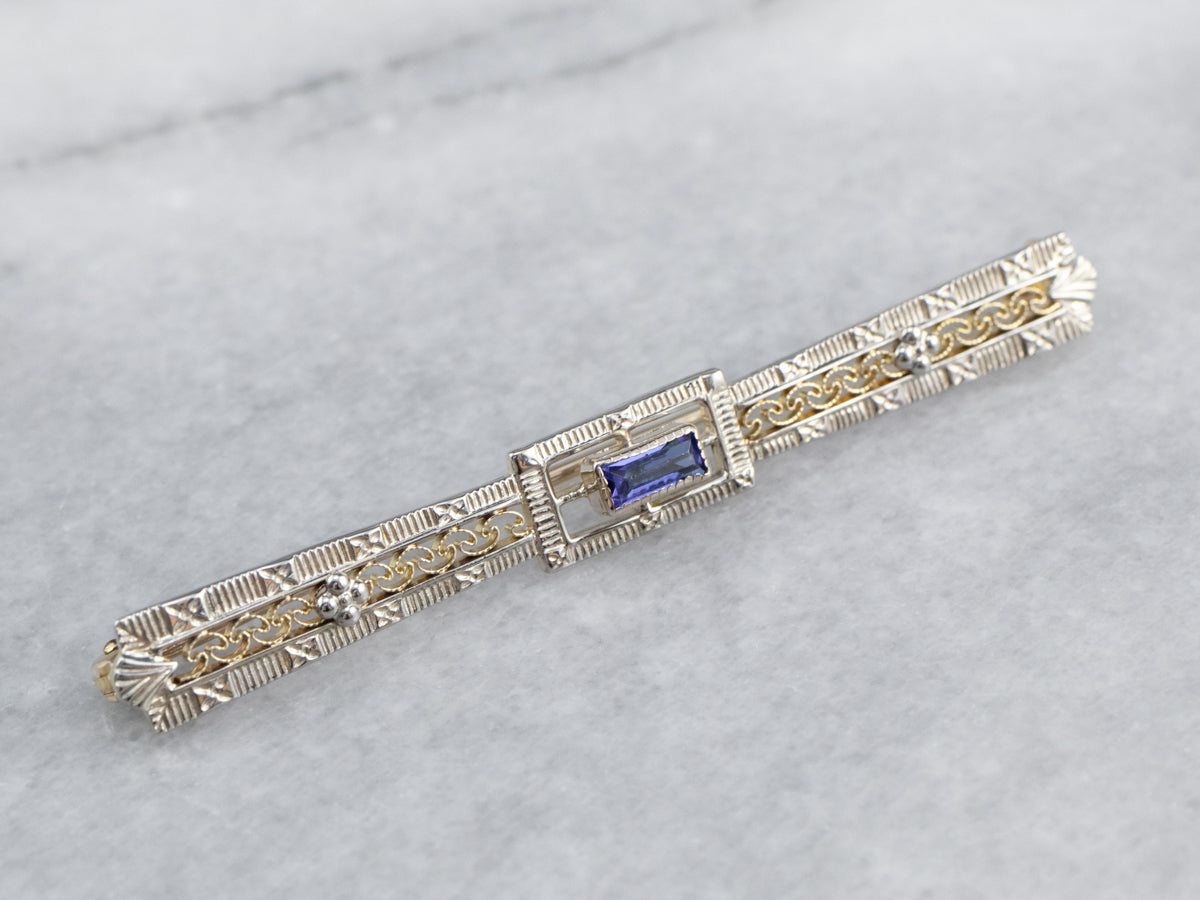 Art Deco Synthetic Sapphire Filigree Brooch