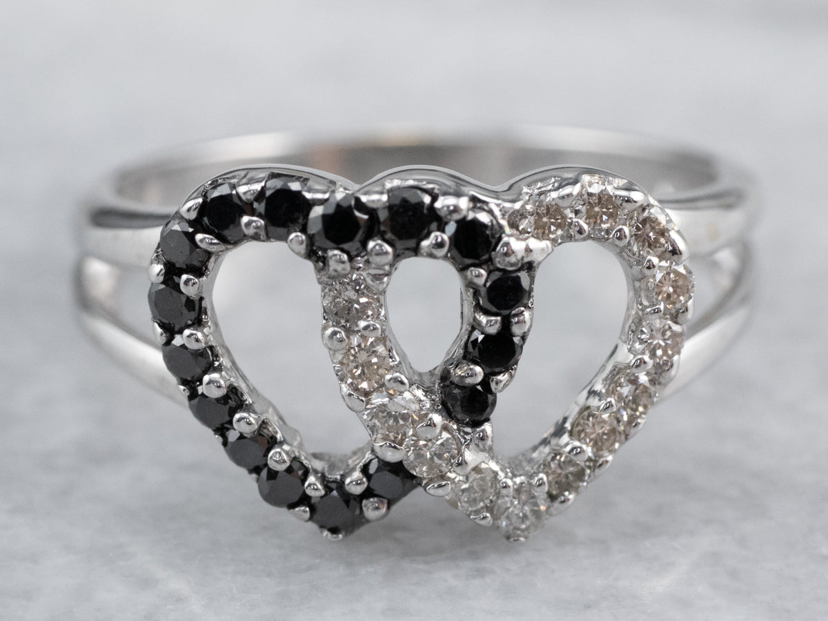 Interlocking Black and White Diamond Heart Ring