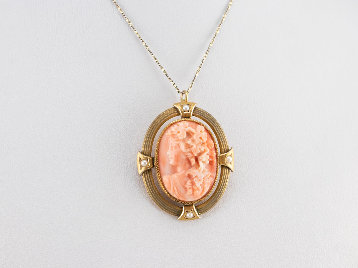 Large Cameo Locket, Vintage Glass, online Pink Flower Cameo, Antiqued Gold Tone Locket, Natural Pink Tourmaline Beaded Chain, Dragonfly Charm