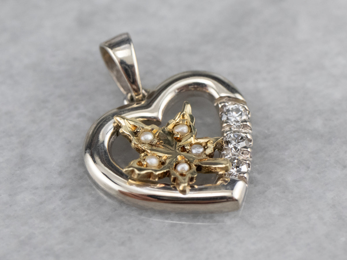 Seed Pearl Maple Leaf and Diamond Heart Pendant