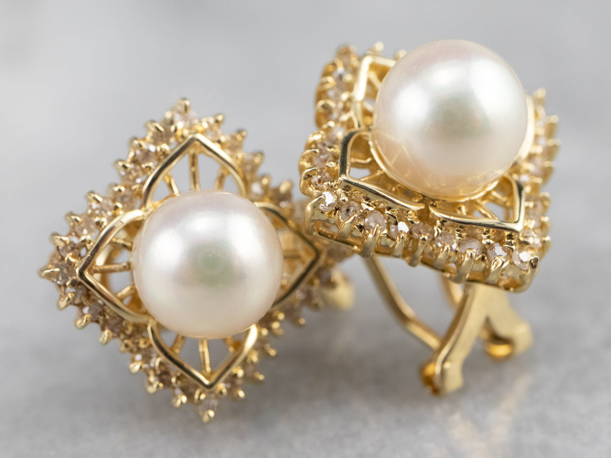 Yellow Gold Pearl and Diamond Earrings