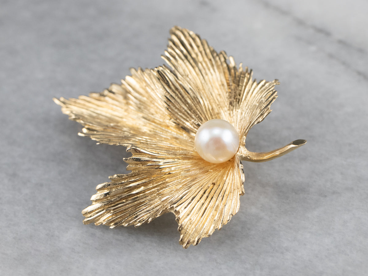 Golden Pearl Grape Leaf Brooch