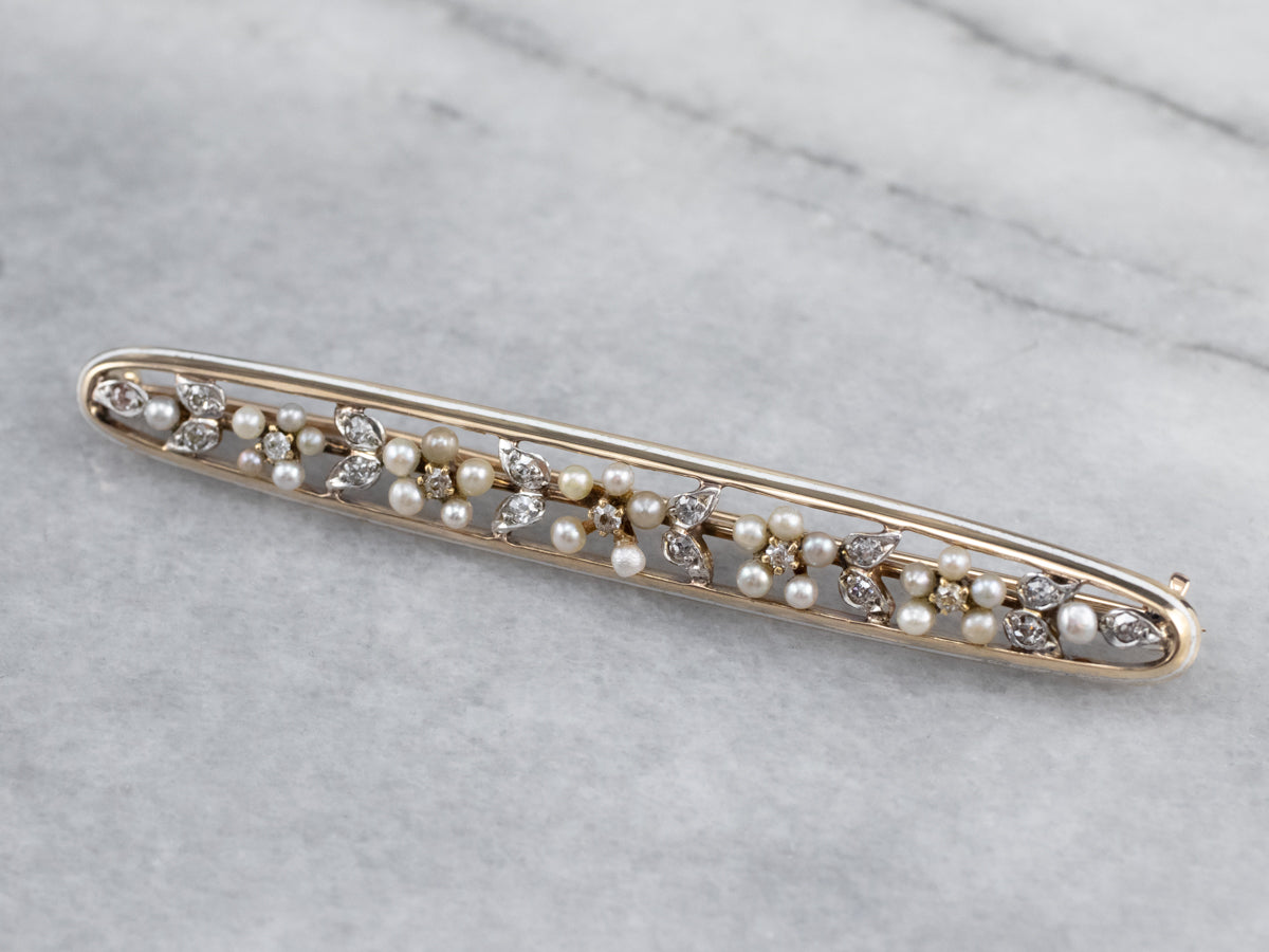 Art Nouveau Era Seed Pearl and Diamond Bar Pin