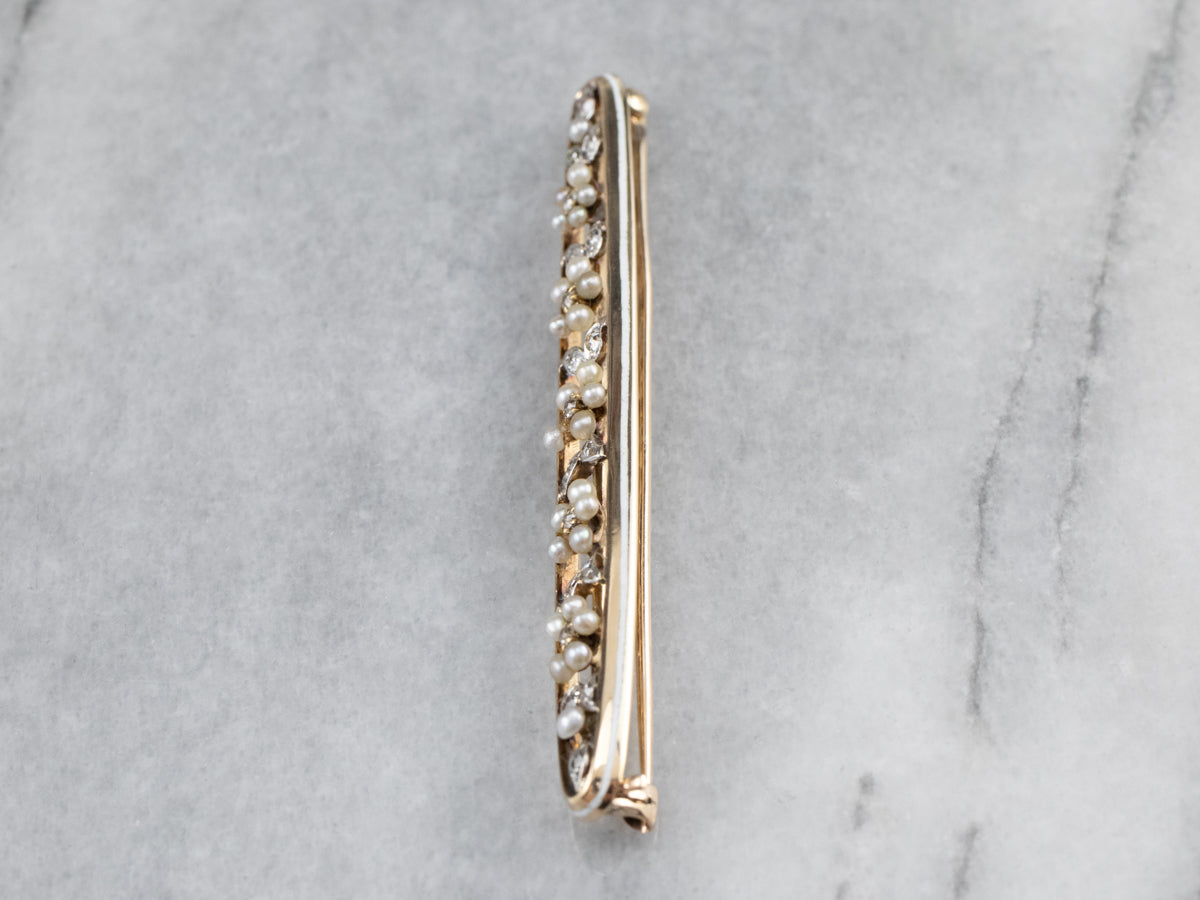 Art Nouveau Era Seed Pearl and Diamond Bar Pin