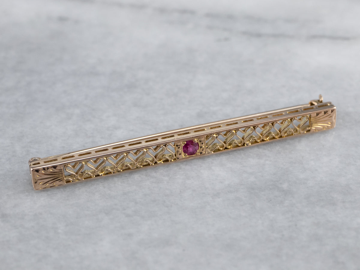 Fine Gold Filigree Synthetic Ruby Pin