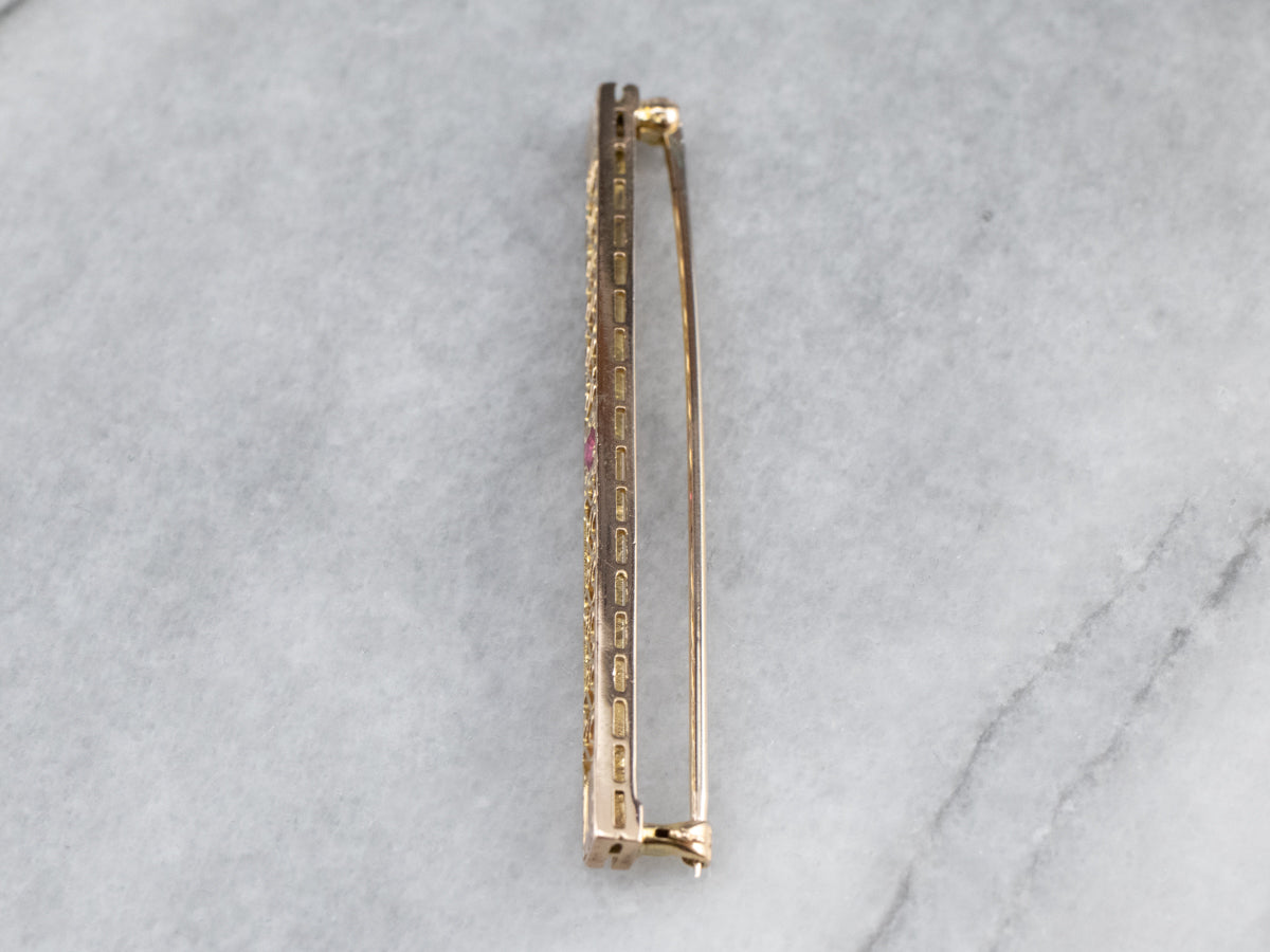 Fine Gold Filigree Synthetic Ruby Pin