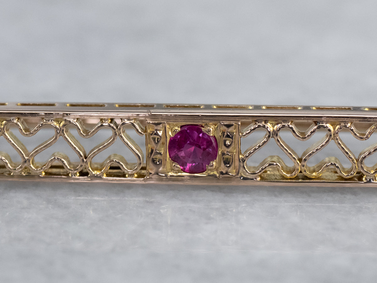 Fine Gold Filigree Synthetic Ruby Pin