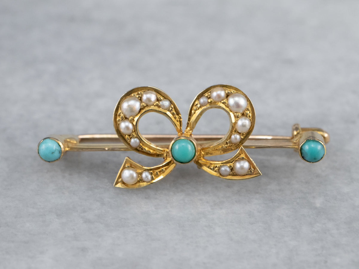 Antique Turquoise Glass and Pearl Bow Pin