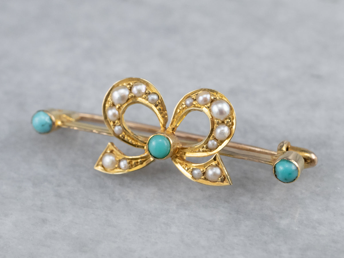 Antique Turquoise Glass and Pearl Bow Pin