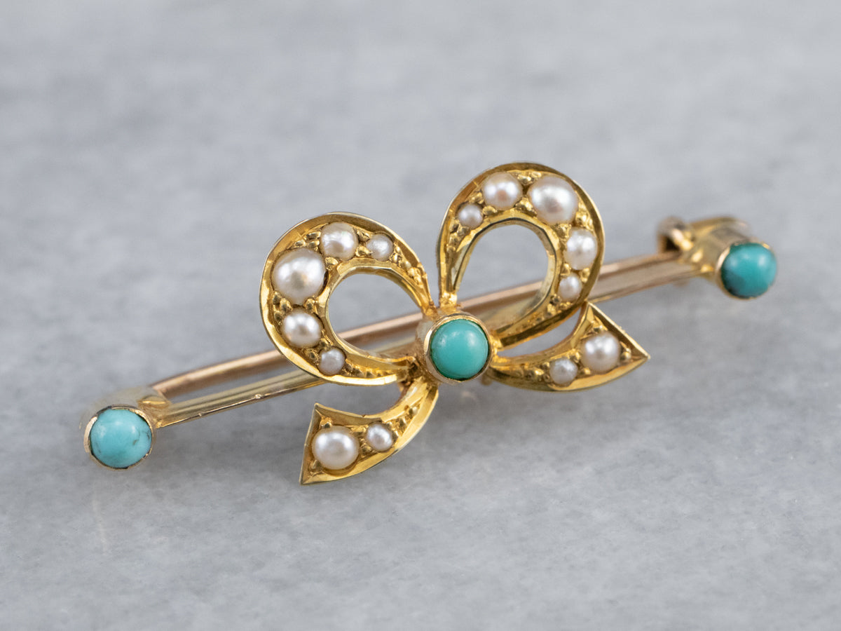 Antique Turquoise Glass and Pearl Bow Pin