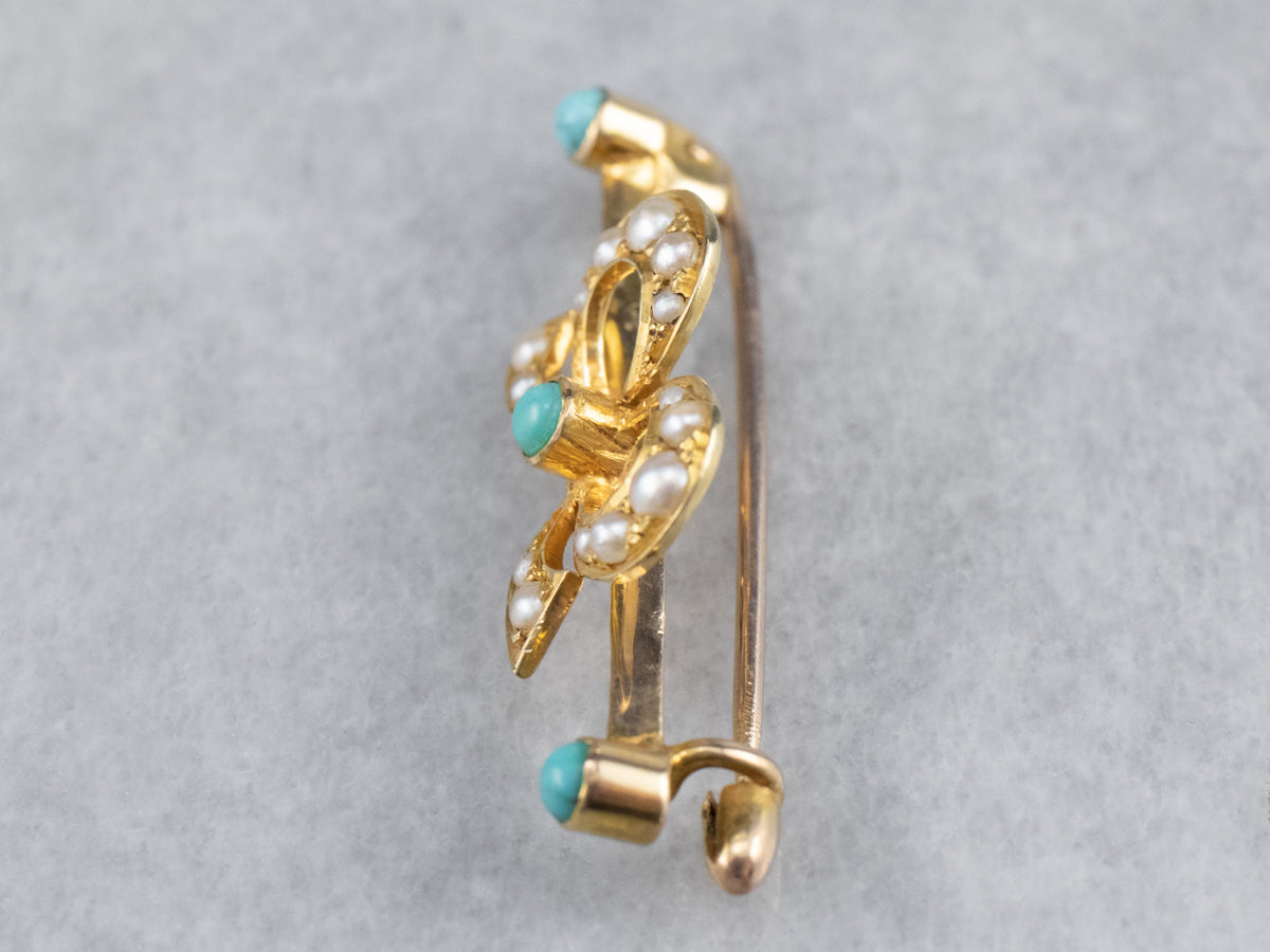 Antique Turquoise Glass and Pearl Bow Pin