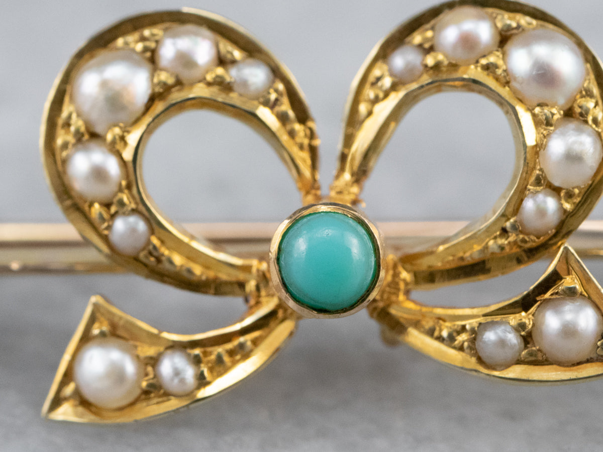 Antique Turquoise Glass and Pearl Bow Pin