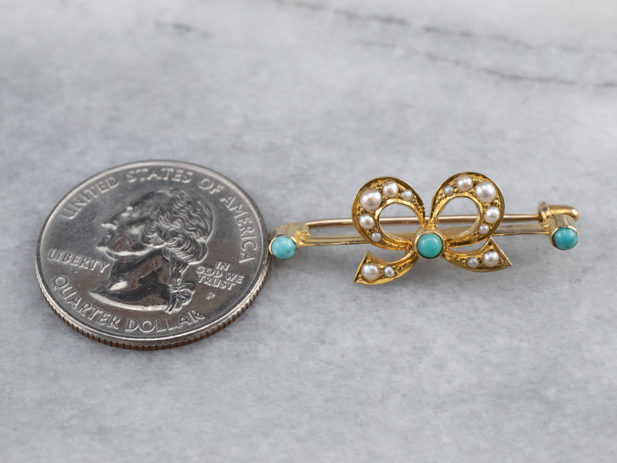 Antique Turquoise Glass and Pearl Bow Pin