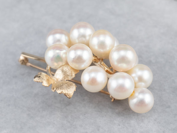 Gold Cultured Pearl Grape Bunch Brooch