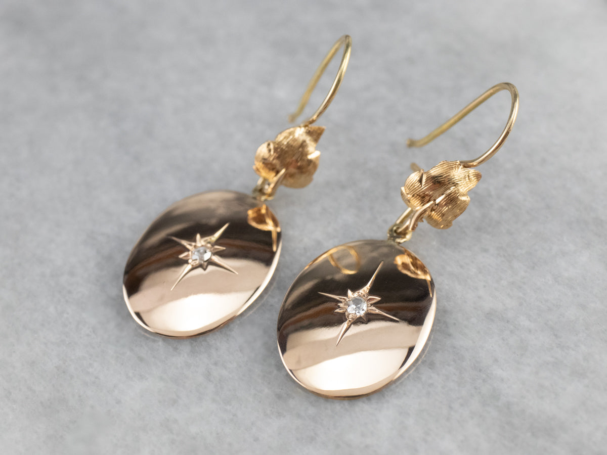 Rose Cut Diamond Two Tone Gold Drop Earrings