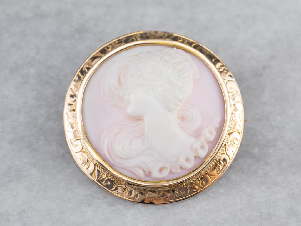 Vintage Pink hot Glass Gold Filled Cameo Brooch (A1451)