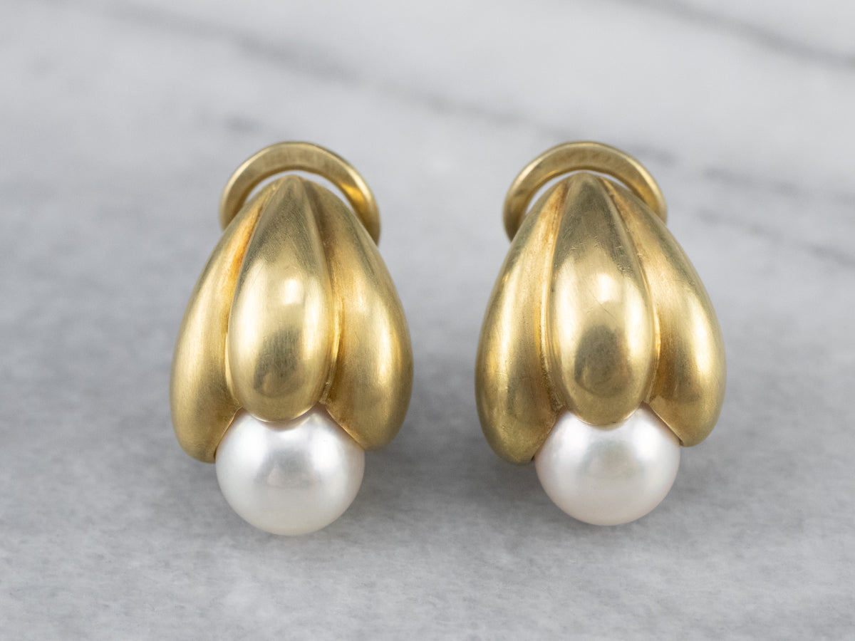 Botanical Brushed Gold Pearl Drop Earrings